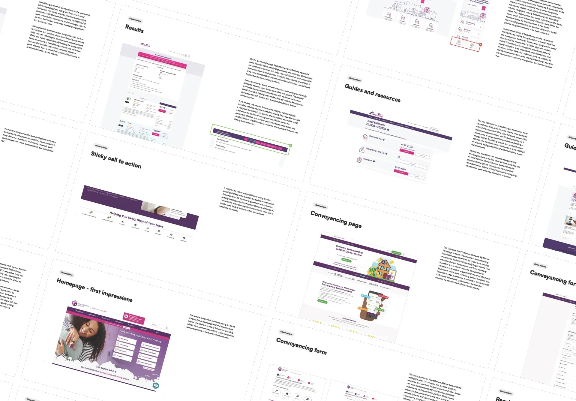 Pages from the competitor audit, each pairing a screenshot with observations: homepage first impressions, results, sticky calls to action, guides and resources, and conveyancing pages and forms.