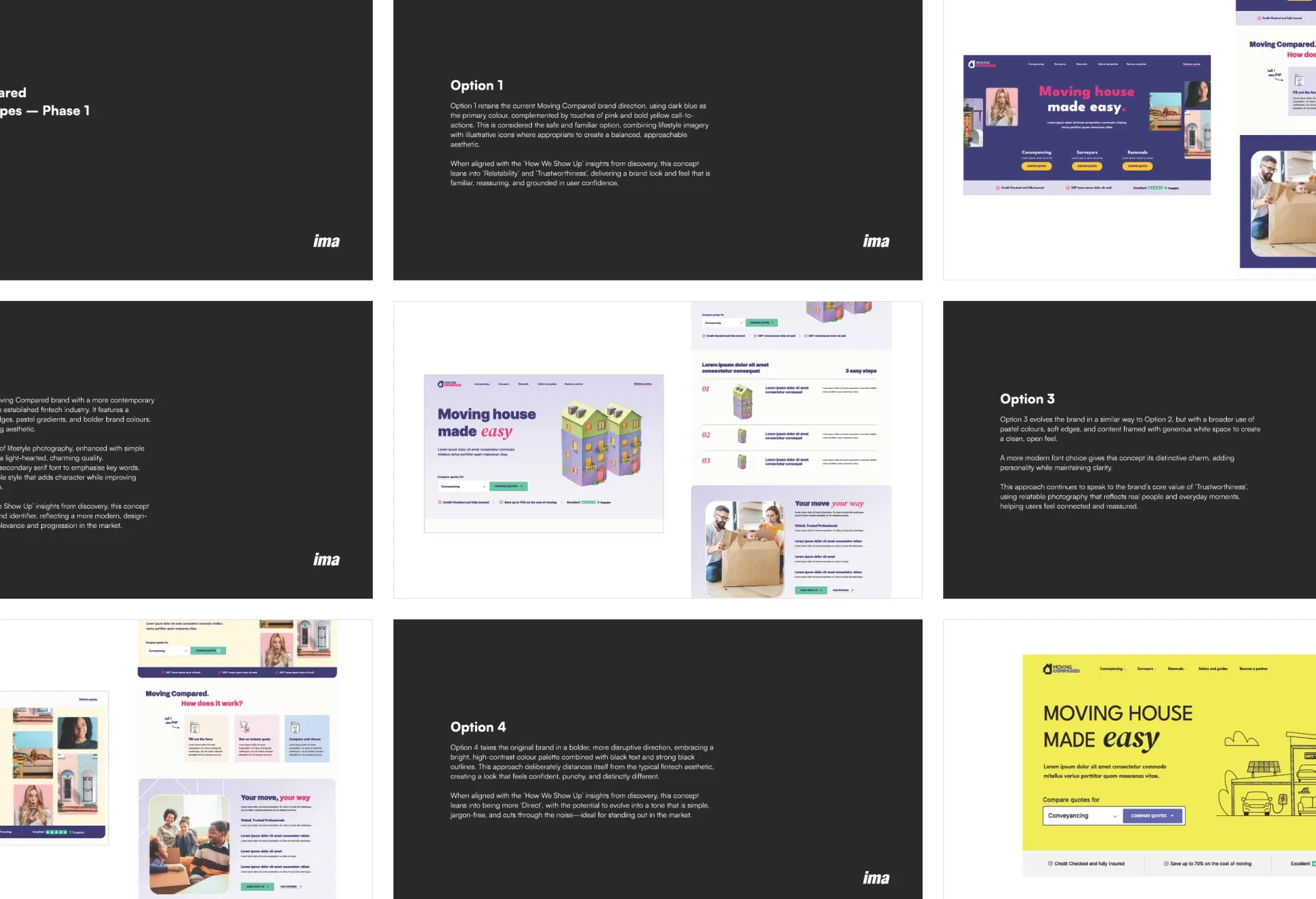 Presentation slides of the initial stylescapes, from a purple and pink direction close to the original identity to the bold yellow-and-black fourth option.