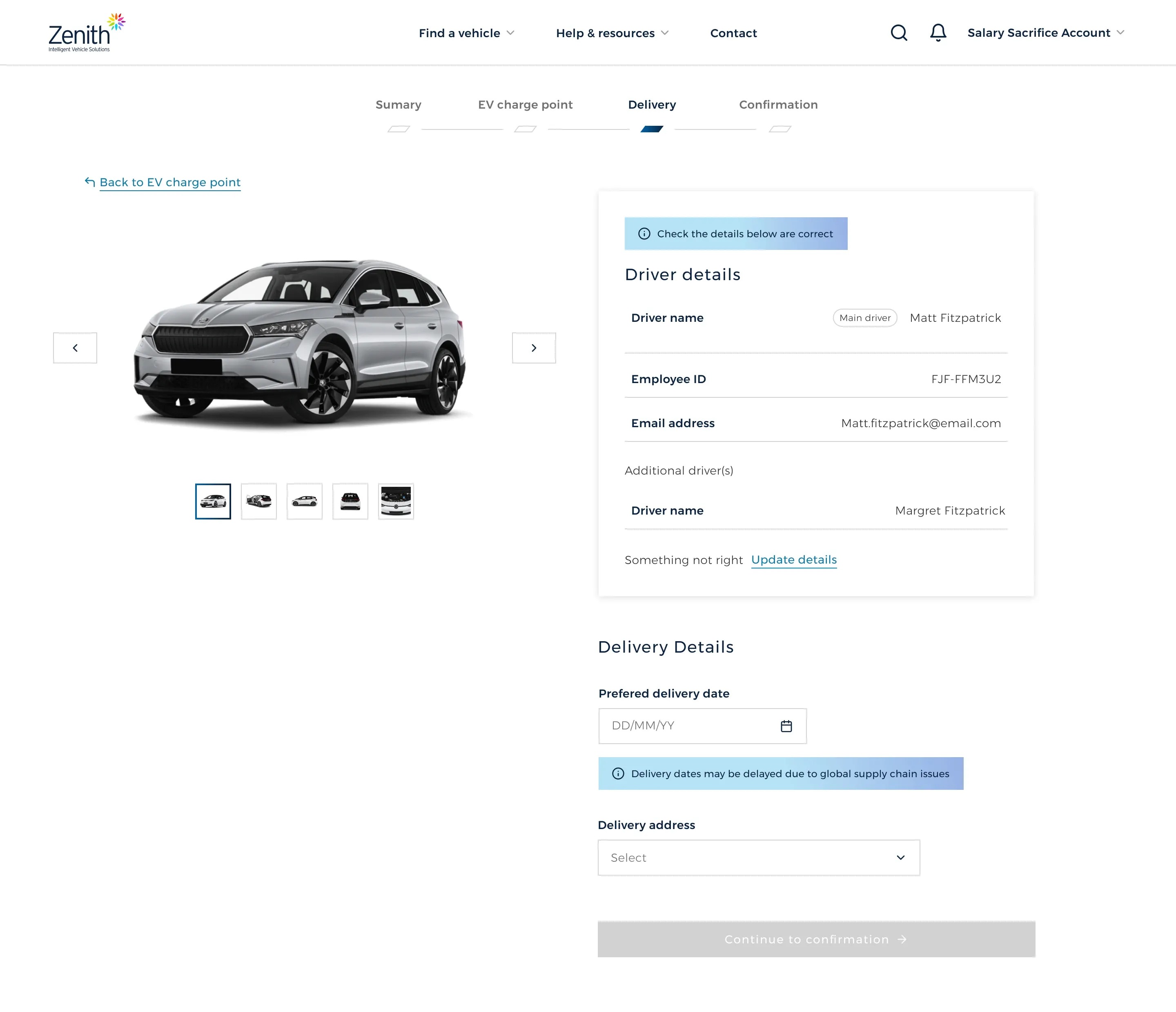 The delivery step: confirming driver details and choosing a delivery date and address.