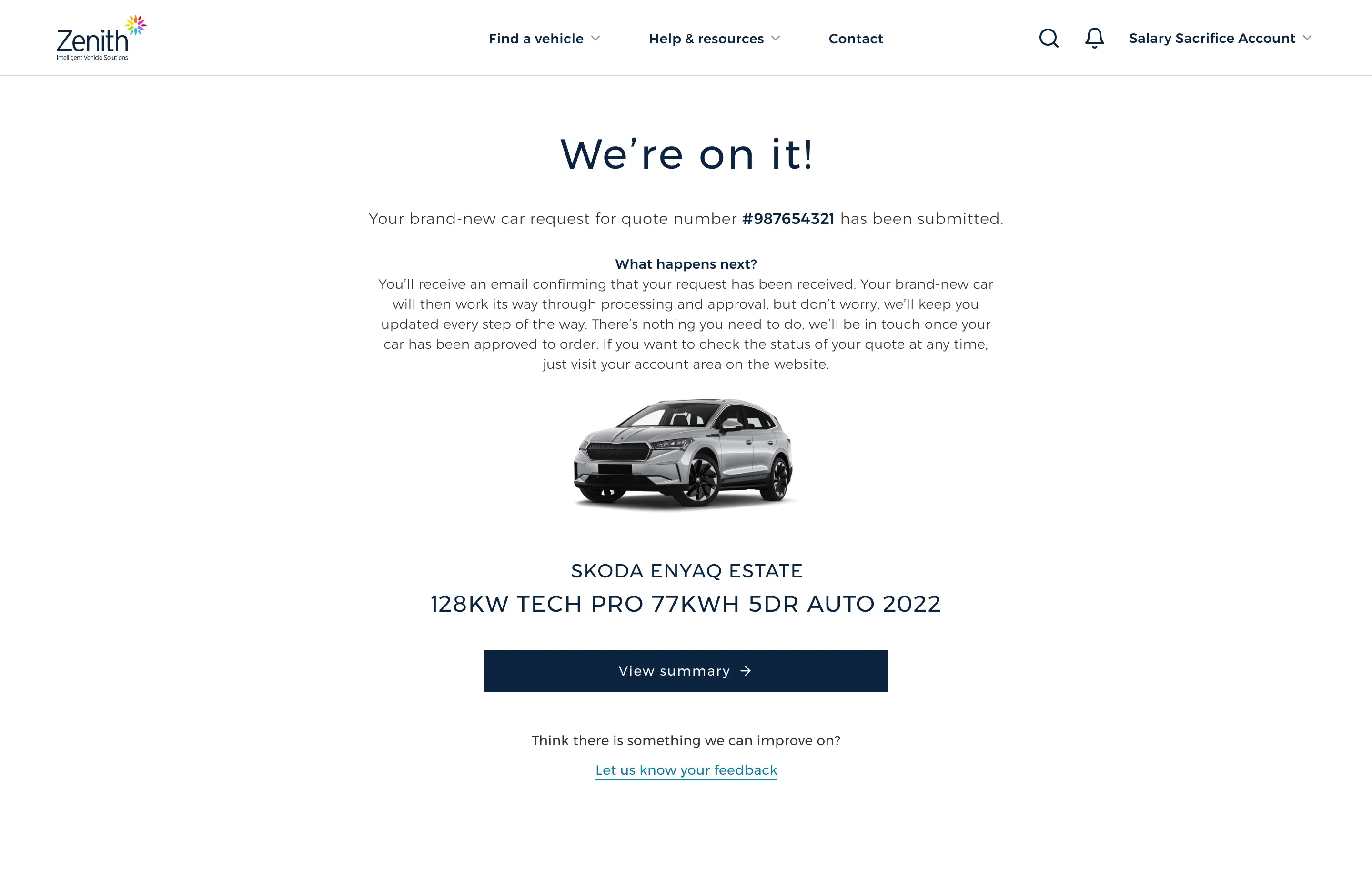 The confirmation screen, “We’re on it!”, after a quote request has been submitted.