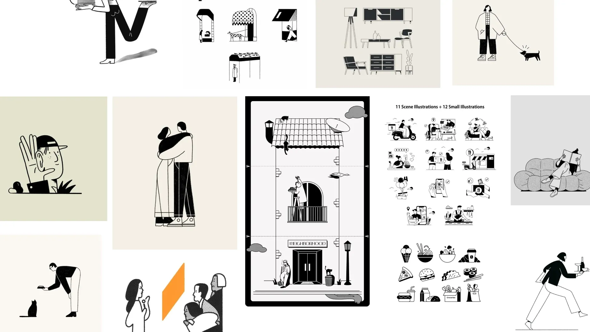 Black-and-white illustration references: figures, interiors, building facades and sets of small scene illustrations.