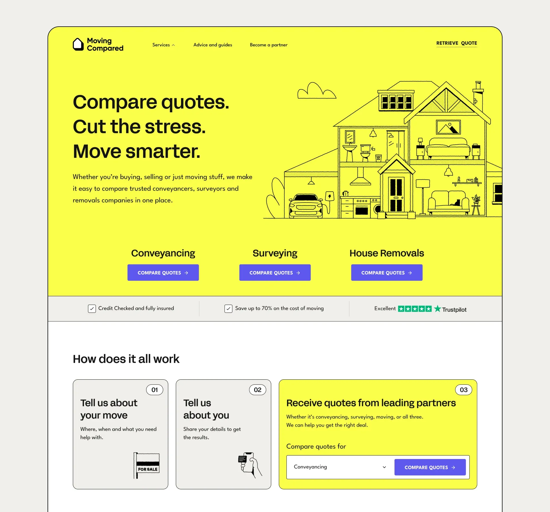 The Moving Compared homepage design: the yellow hero with a line illustration of a house in cross-section, quote buttons for each service and a “How does it all work” section below.