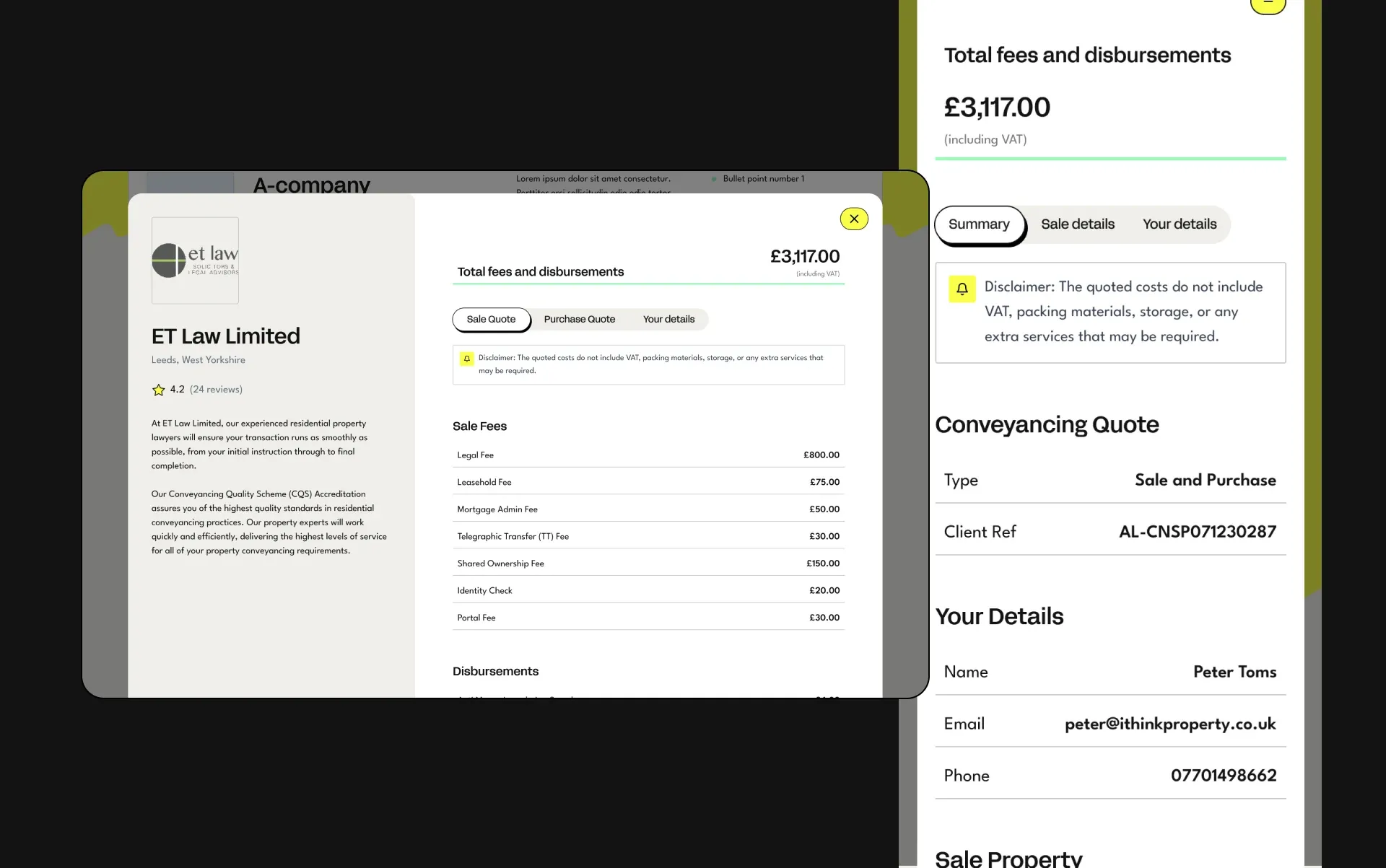 A quote breakdown for one conveyancer, itemising fees and disbursements to a total of £3,117, shown on desktop and mobile.