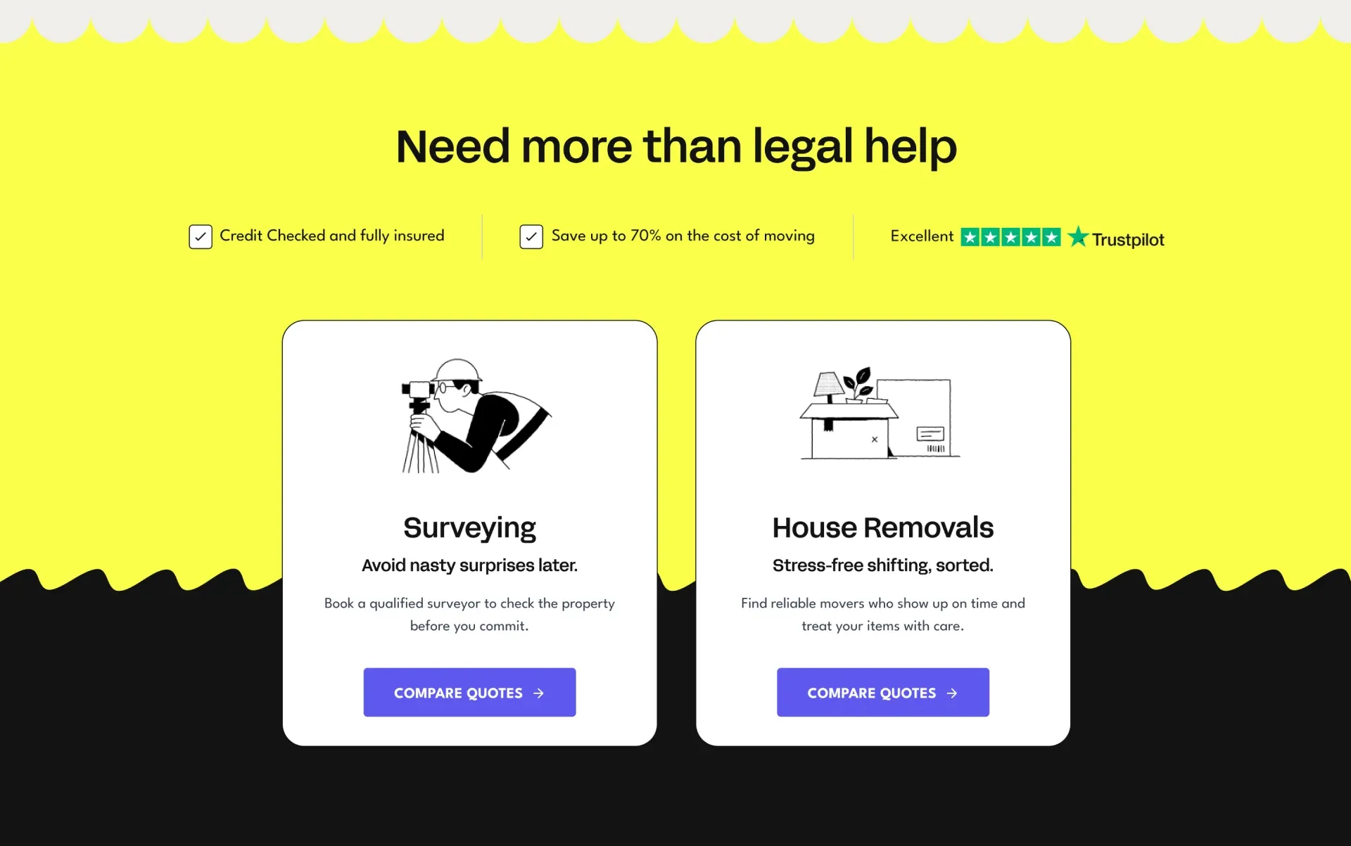 A “Need more than legal help” section offering surveying and house removals quotes, with trust badges and a Trustpilot rating.