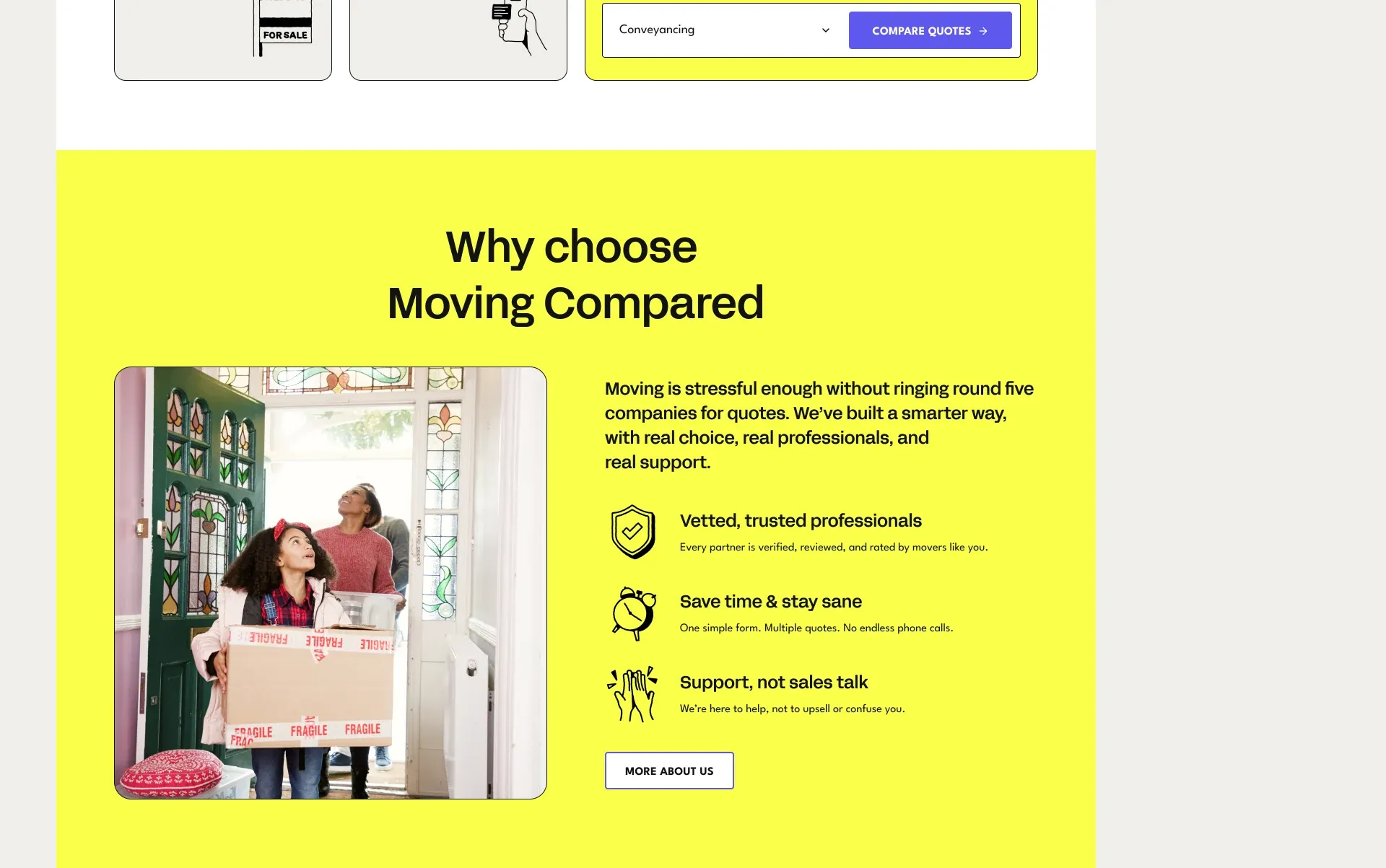 The “Why choose Moving Compared” section: a photo of a family moving in beside reasons including vetted professionals, saving time and support rather than sales talk.