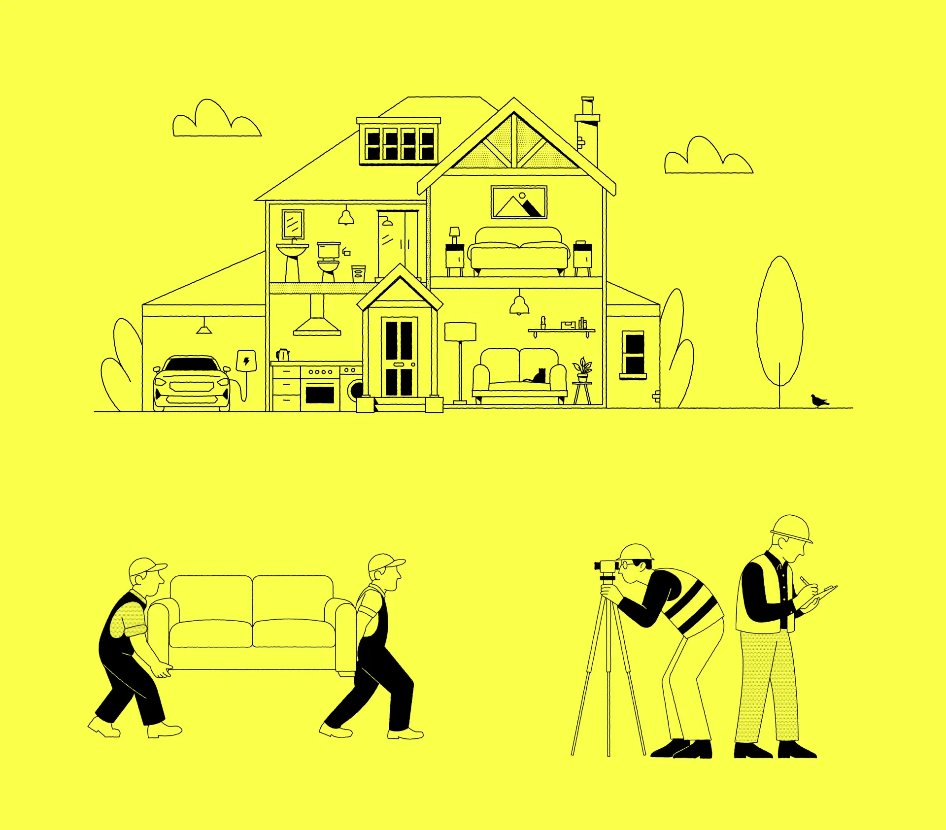 Final hero illustrations on yellow: a house in cross-section, two removal workers carrying a sofa, and two surveyors at work.