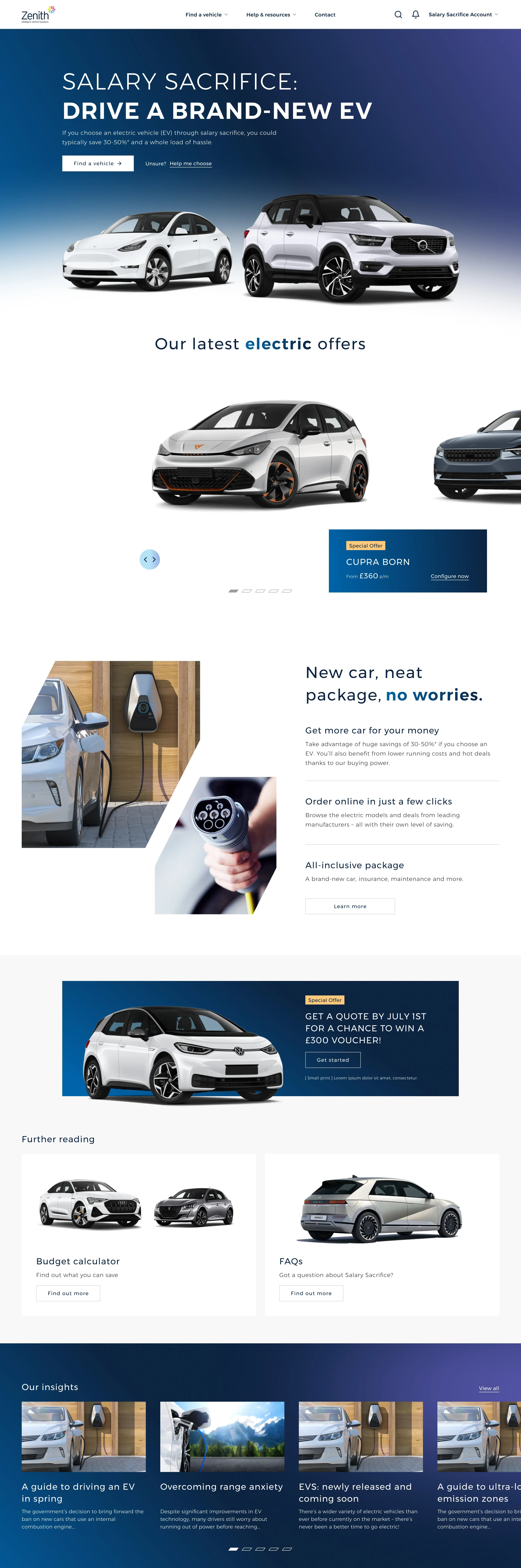 The salary sacrifice homepage, “Drive a brand-new EV”, with the latest electric offers.