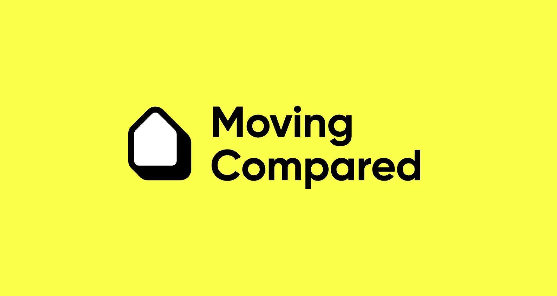 The final Moving Compared logo on yellow: a black house-shaped mark with a white door-shaped centre and a soft drop shadow, beside the wordmark in bold black type.
