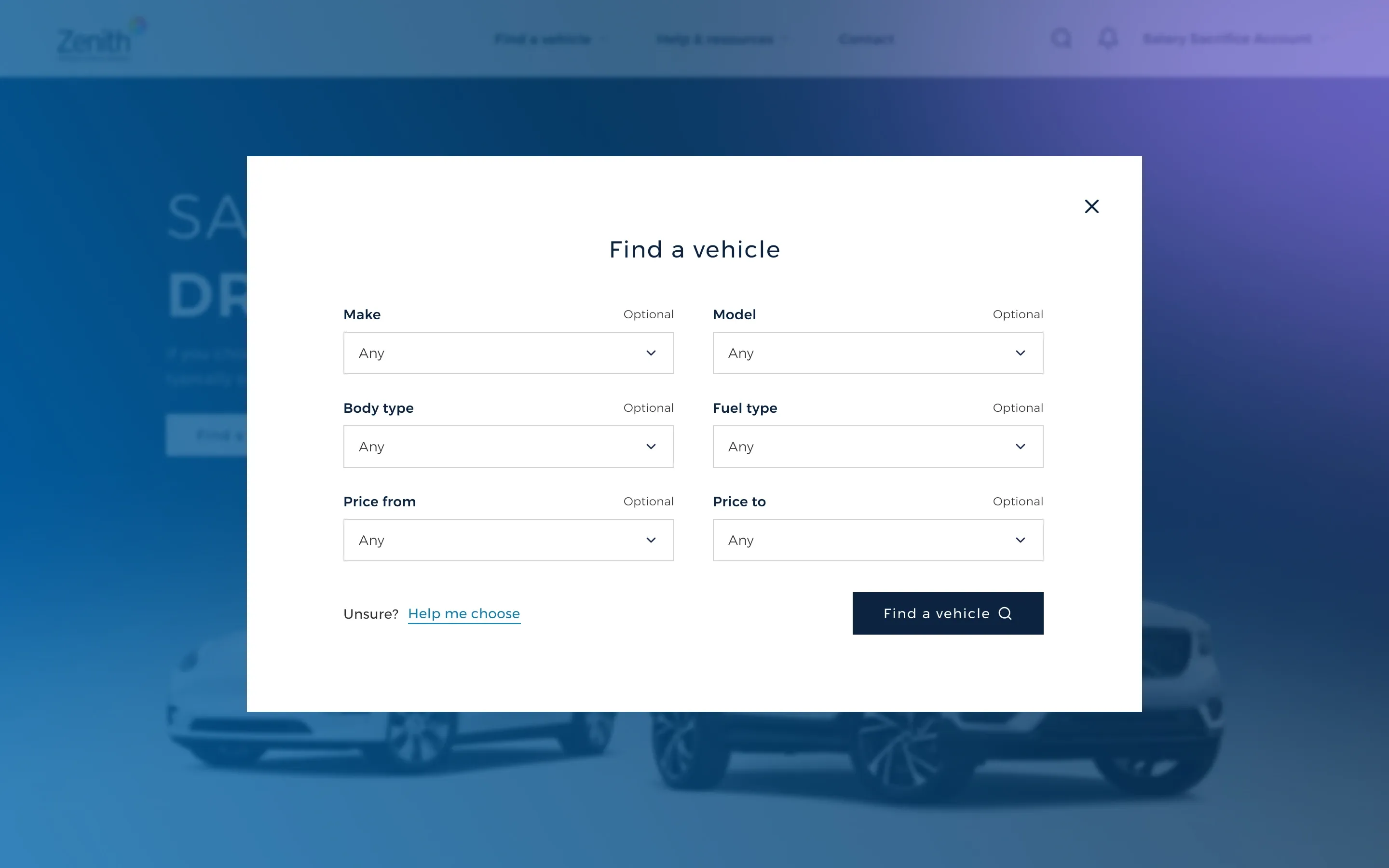 The “Find a vehicle” search panel with optional make, model, body type, fuel type and price filters.