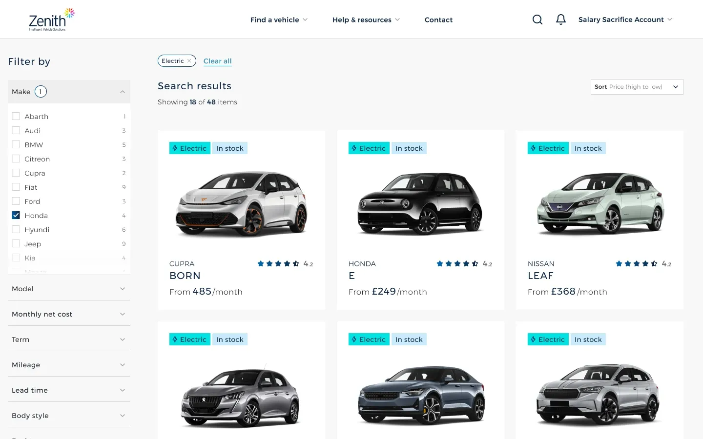 Search results for electric vehicles, with filters on the left and cards showing each car’s monthly price.