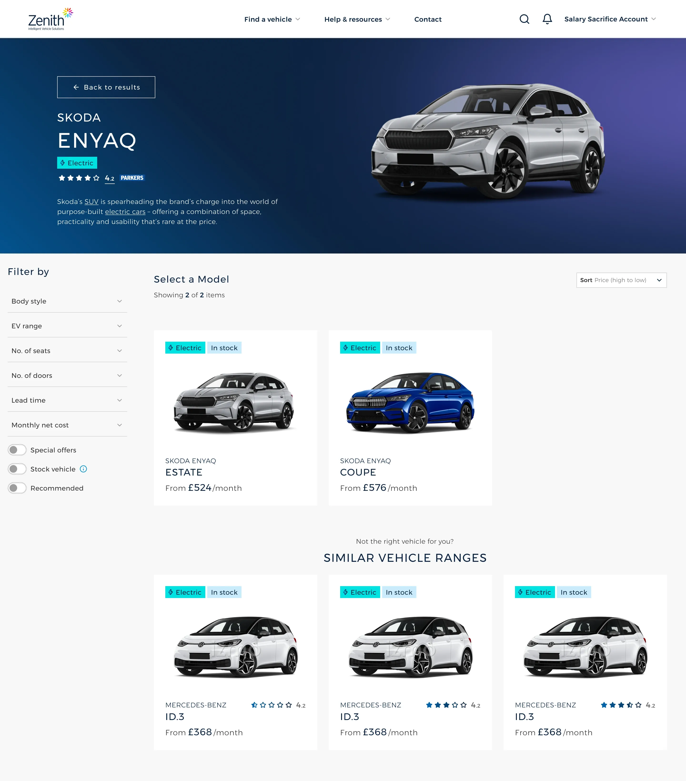 The Skoda Enyaq model page, with a choice of estate or coupé and similar vehicle ranges below.