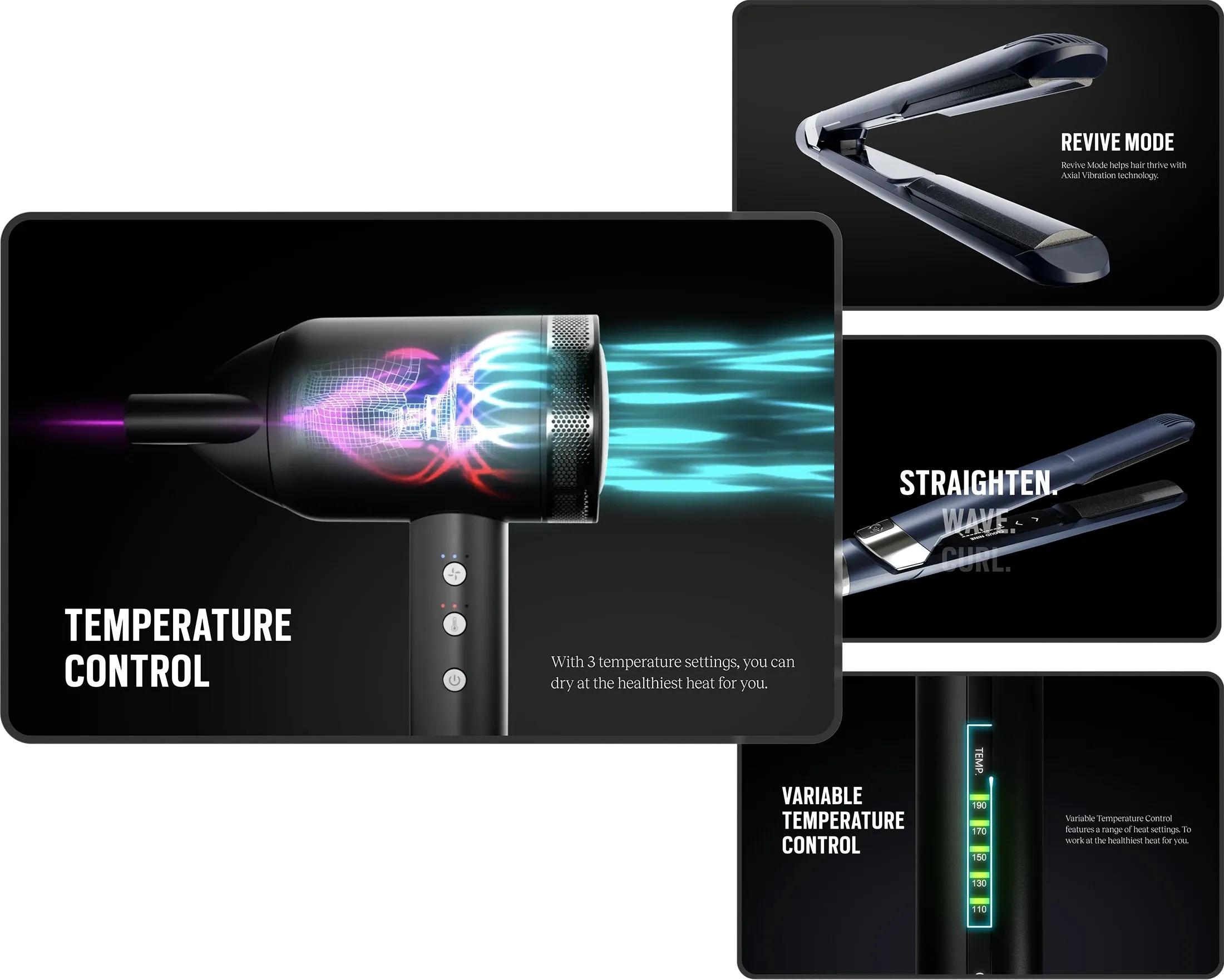 Immersive product feature pages in black: temperature control on a hair dryer, Revive Mode, straighten-wave-curl and variable temperature control.