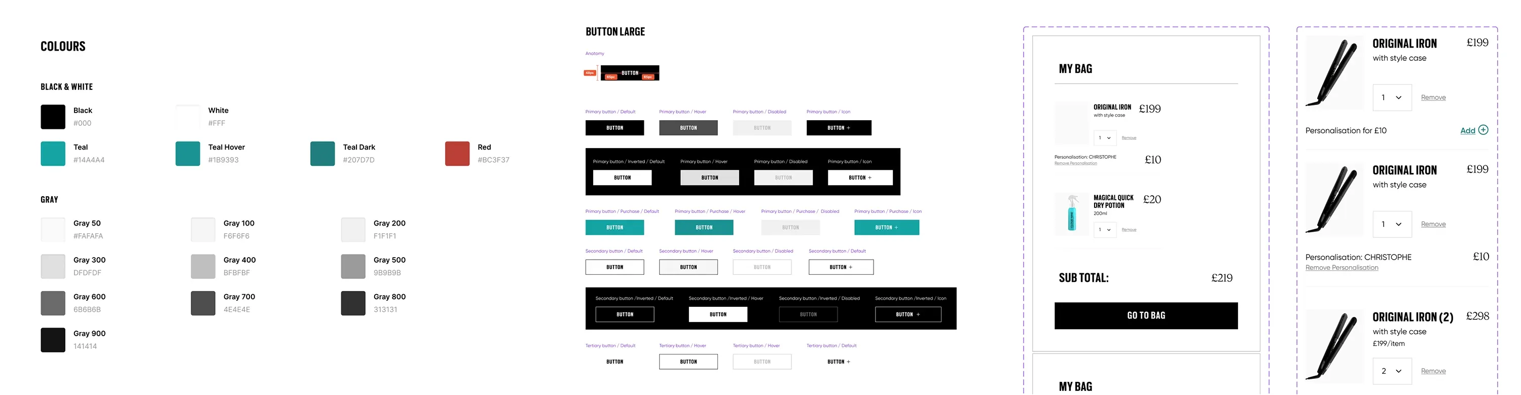 Component library foundations: the colour palette, button states and the mini basket.