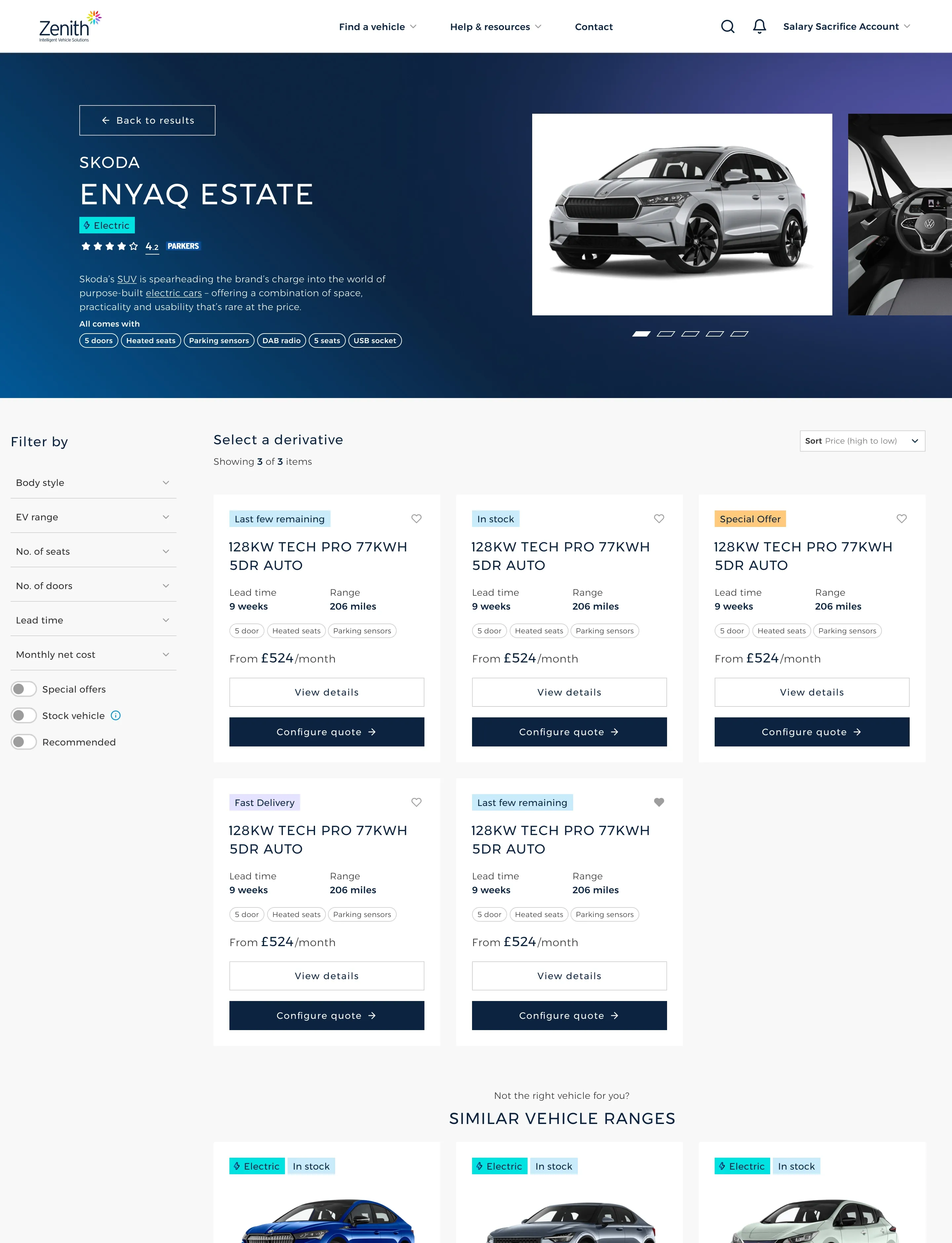 The Skoda Enyaq Estate page, listing derivatives with lead times, range and monthly prices.