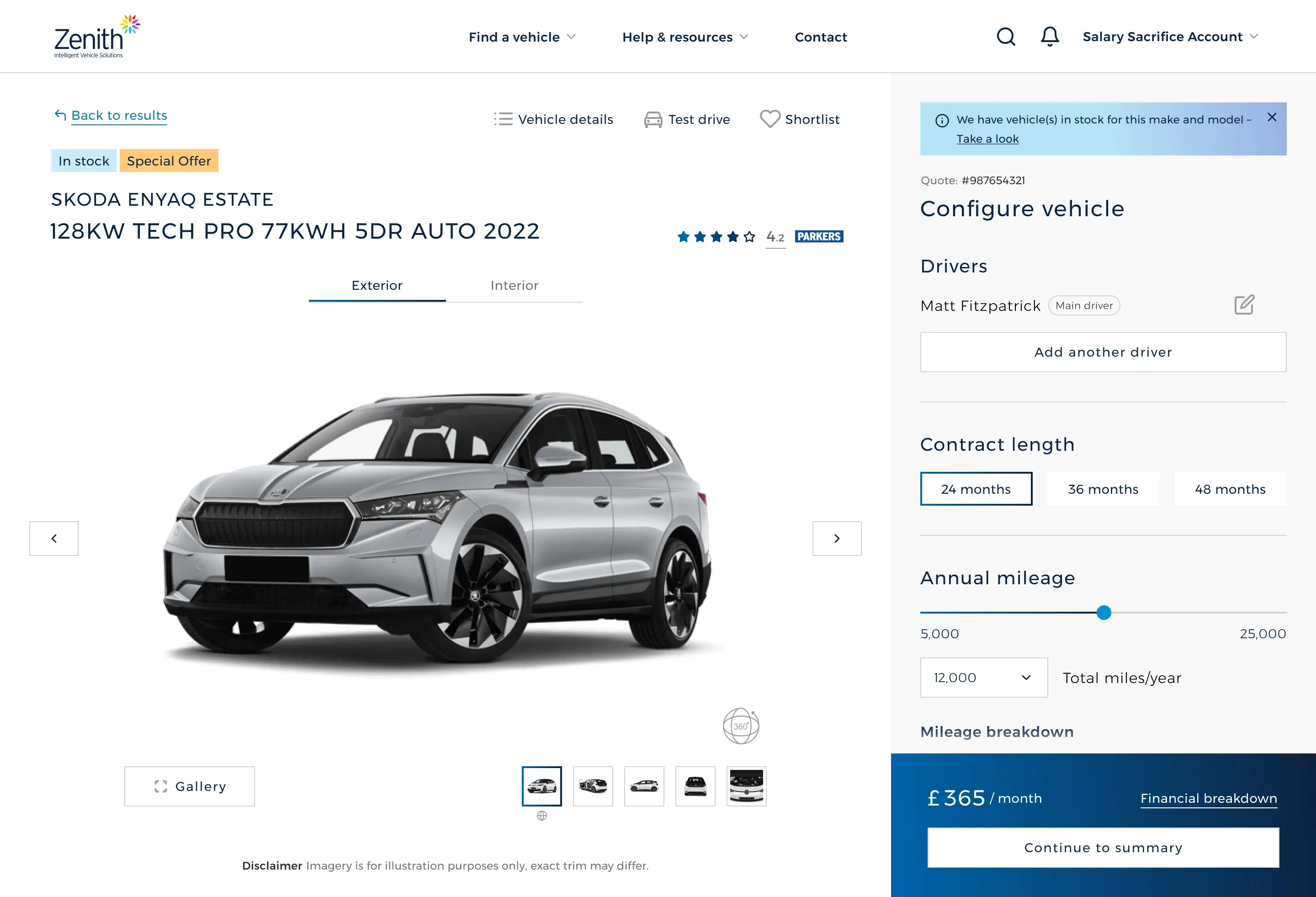 Configuring a quote: drivers, contract length and annual mileage, with the monthly price updating alongside the car.