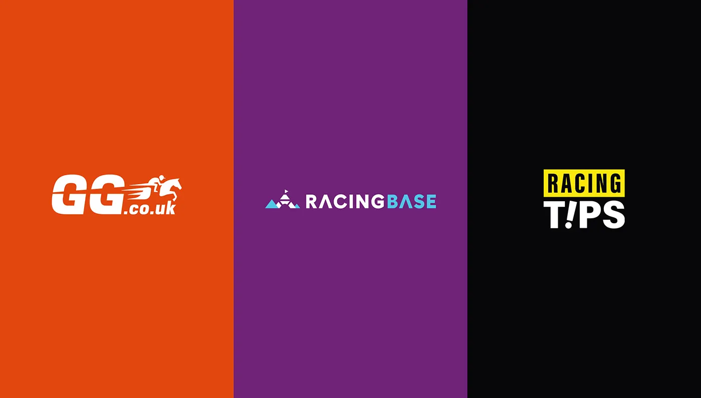 The three brand logos side by side: GG.co.uk on orange, Racing Base on purple and Racing Tips on black.