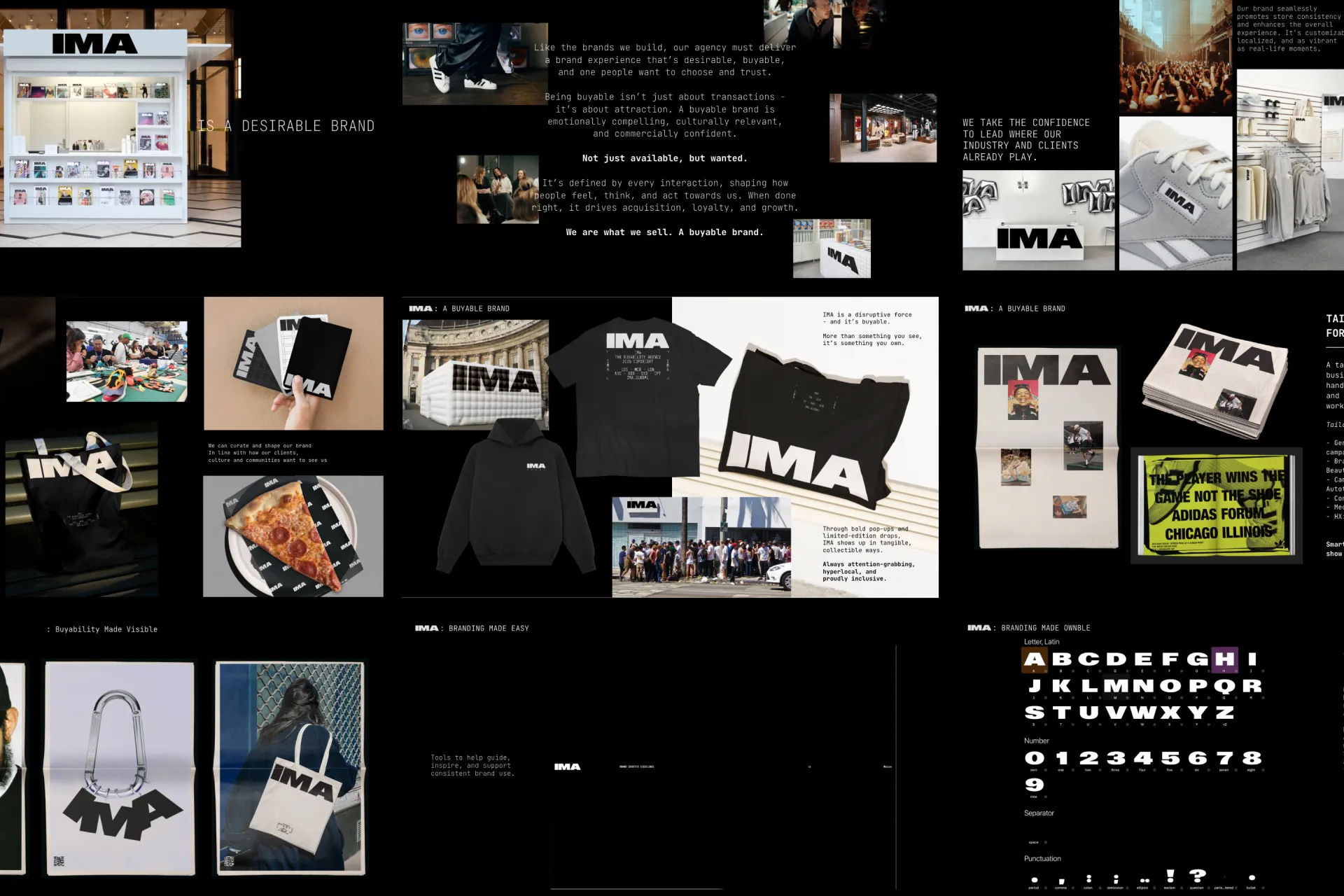 IMA brand imagery on black: merchandise, packaging, posters and the bold IMA typeface.