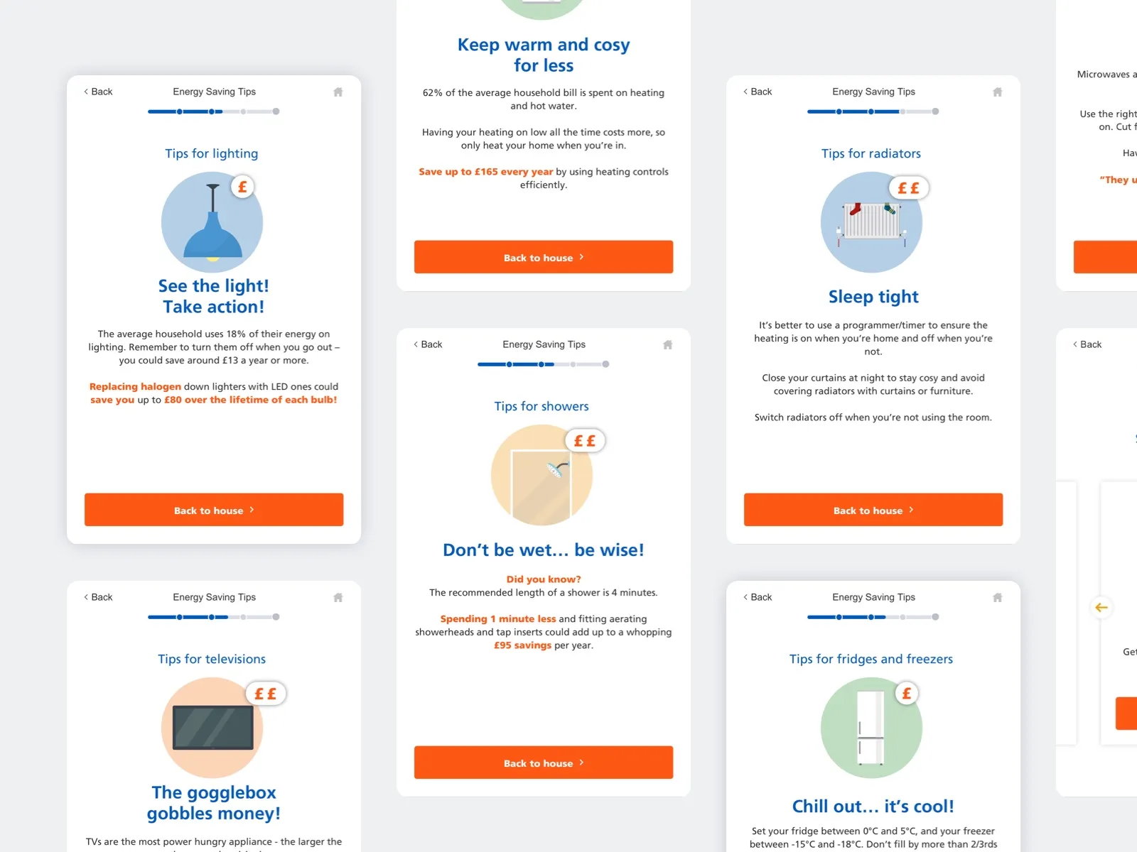 Energy-saving tip screens for lighting, heating, showers, radiators, televisions and fridges.