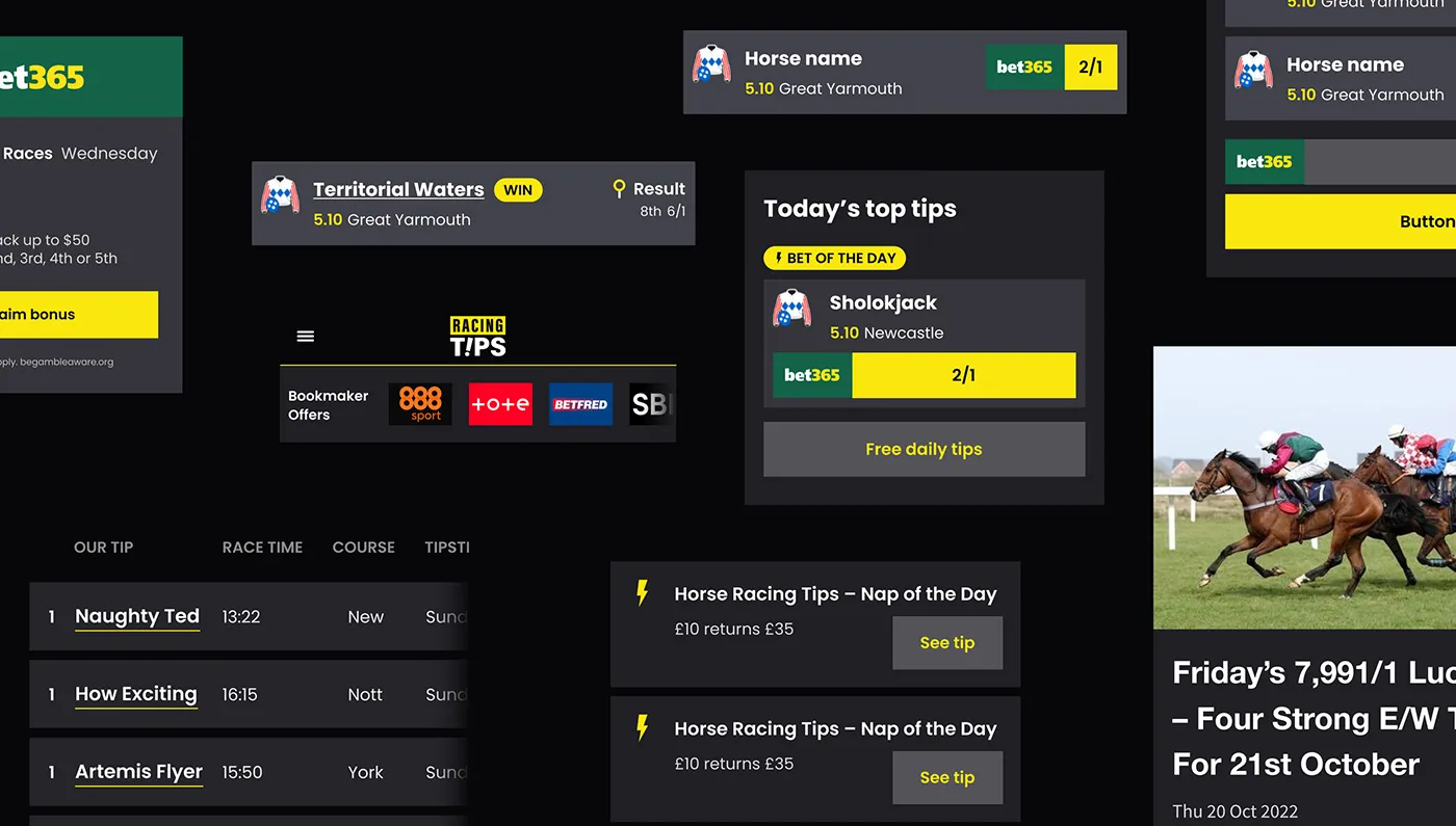 Racing Tips components in black and yellow: top tips, nap of the day, bookmaker offers and a tips table.