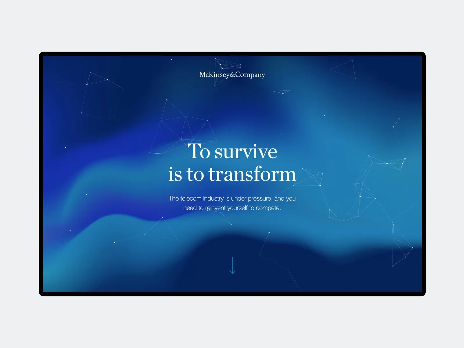 The opening screen, “To survive is to transform”, over a deep blue animated background, shown on a large display.