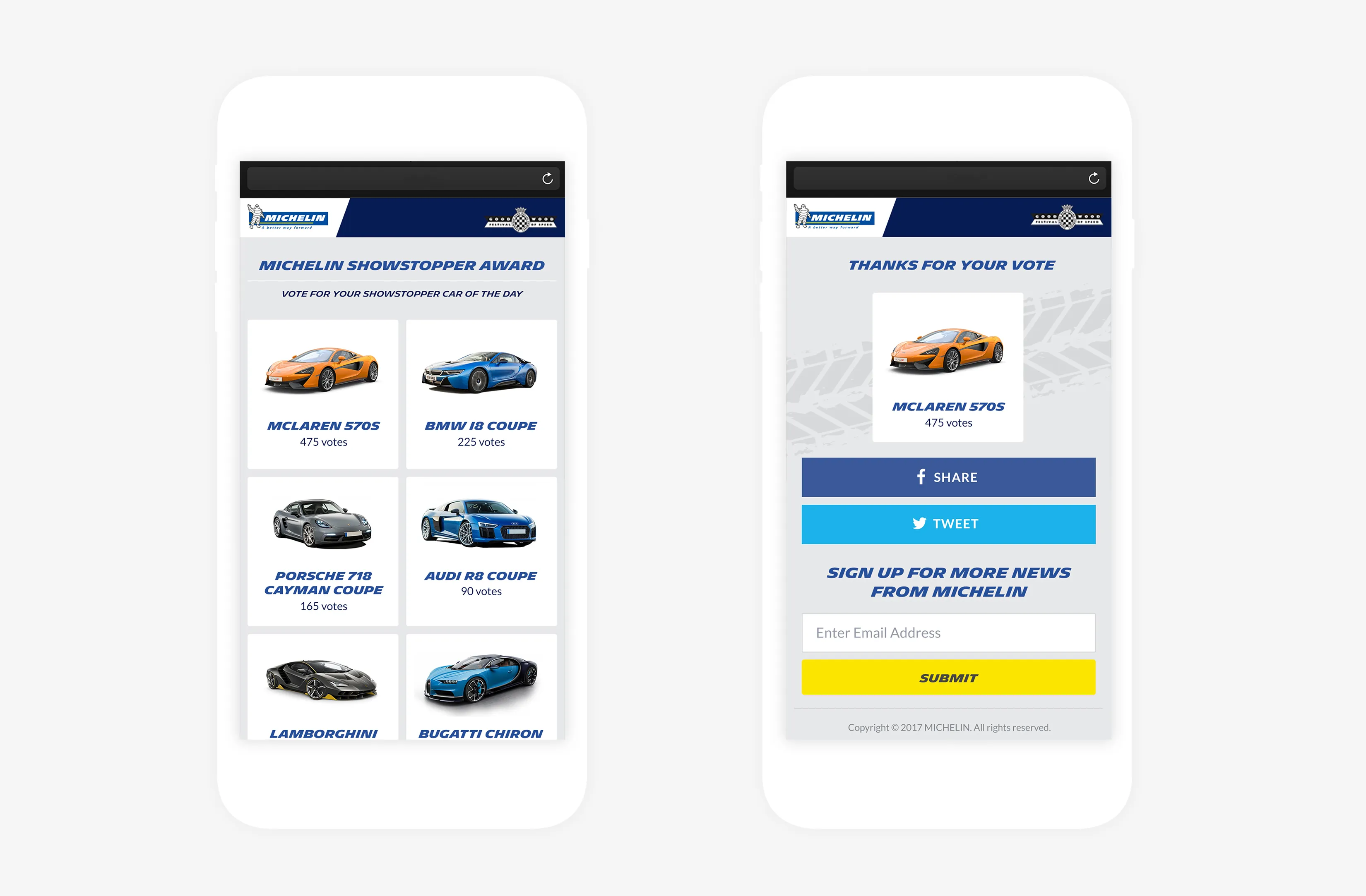 The final mobile designs: the car voting grid and the “Thanks for your vote” screen.